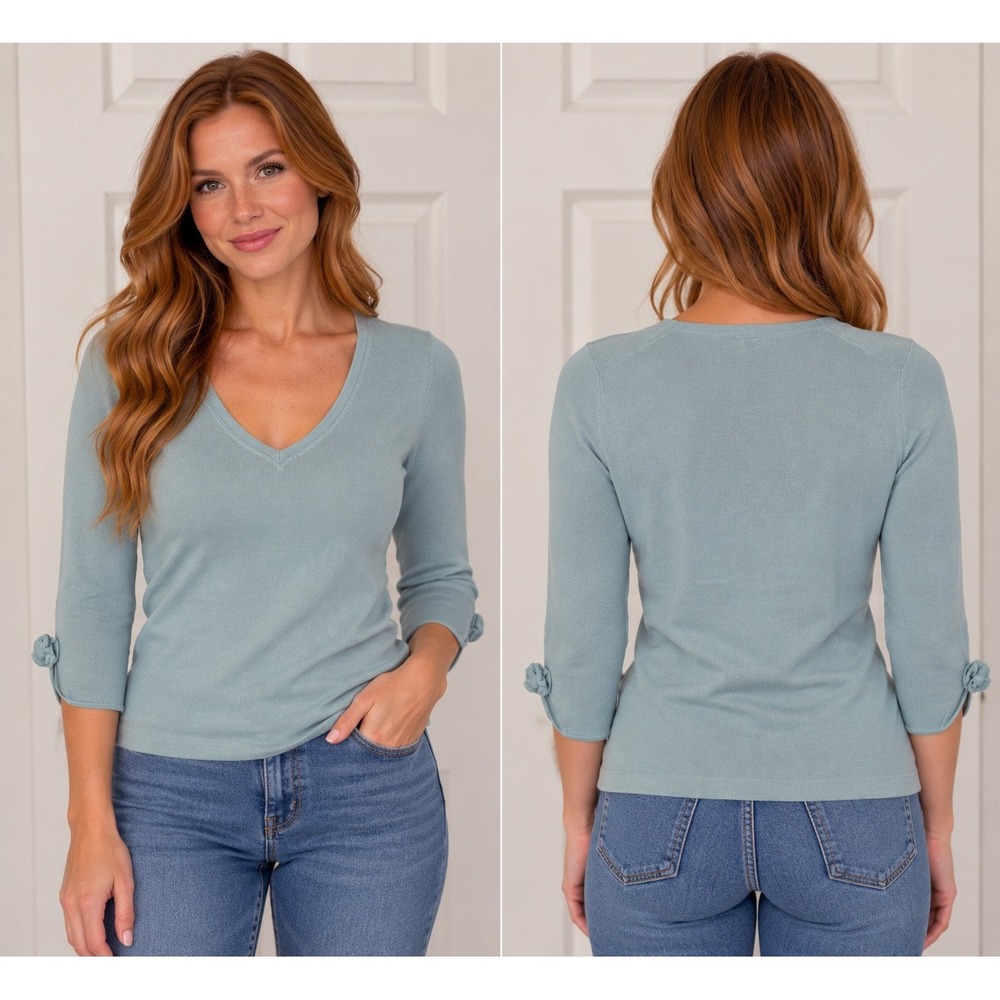 Ann Taylor Petites Silk Blend V-Neck Sweater Light Blue Rosette Cuff SP